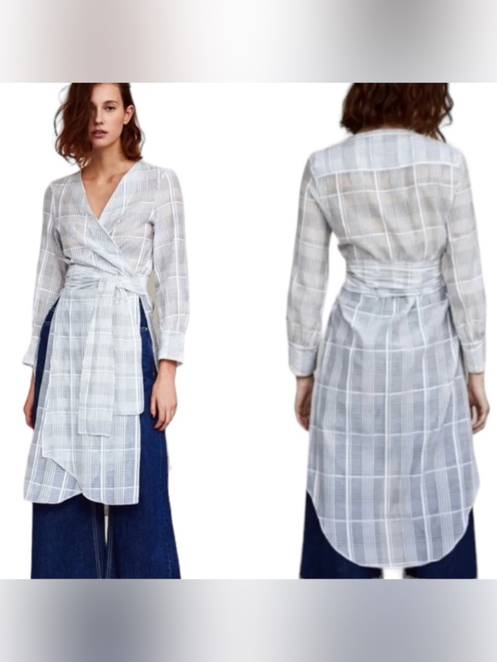 ZARA Plaid Cotton Silk Wrap Top Semi-sheer Tunic Medium